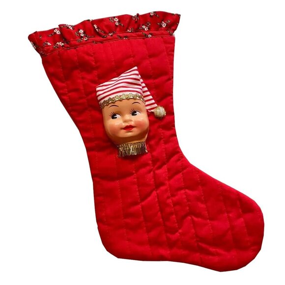 Christmas Stocking with Dolly Face Holiday Decor Xmas Vintage Handmade - Picture 1 of 6